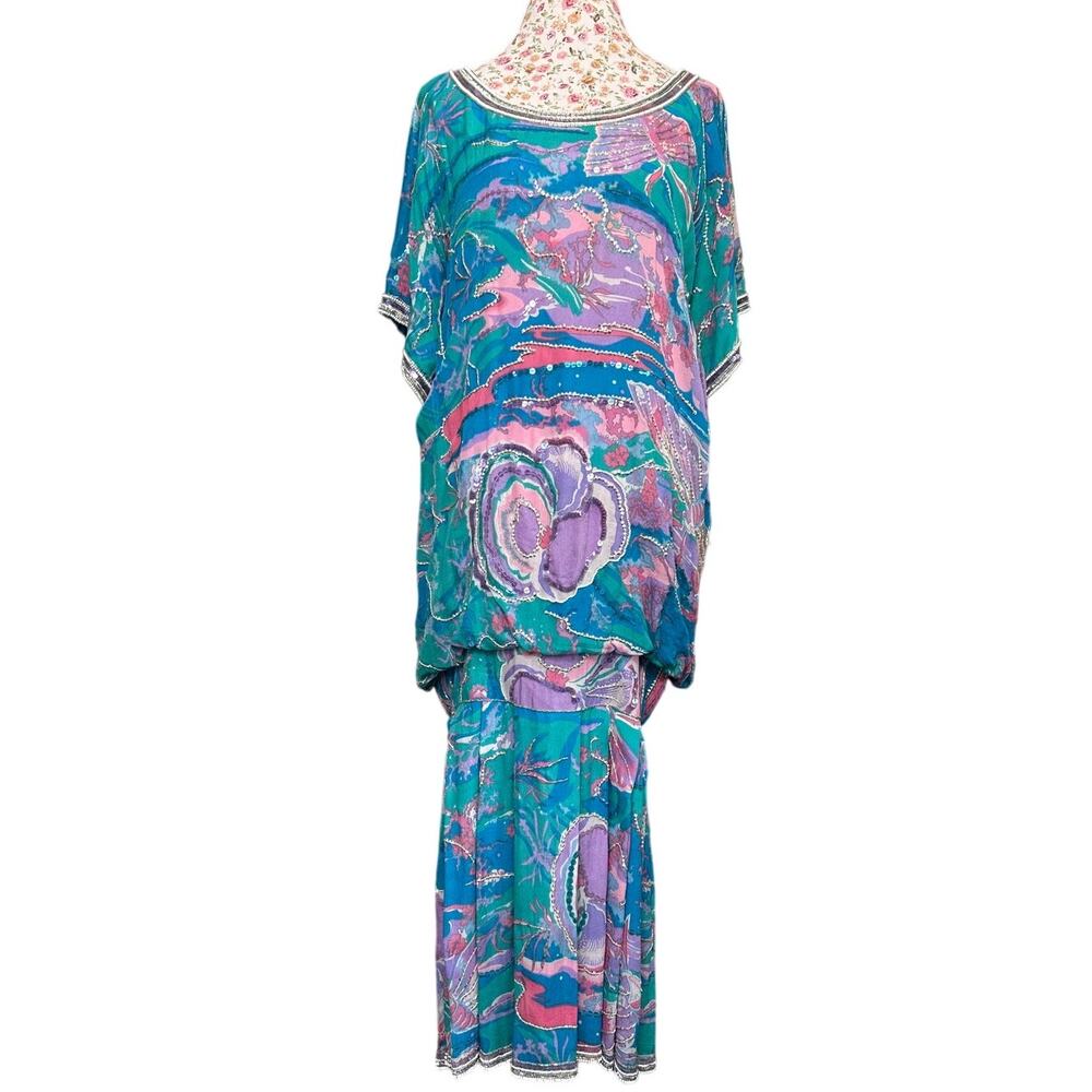 Vintage Judith Ann Creations Silk Beaded Blue Drop Waist Butterfly Dress Small